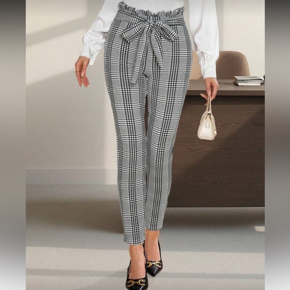 Plaid pants leggings paperbag ruffle waist tie bow - Picture 3 of 8